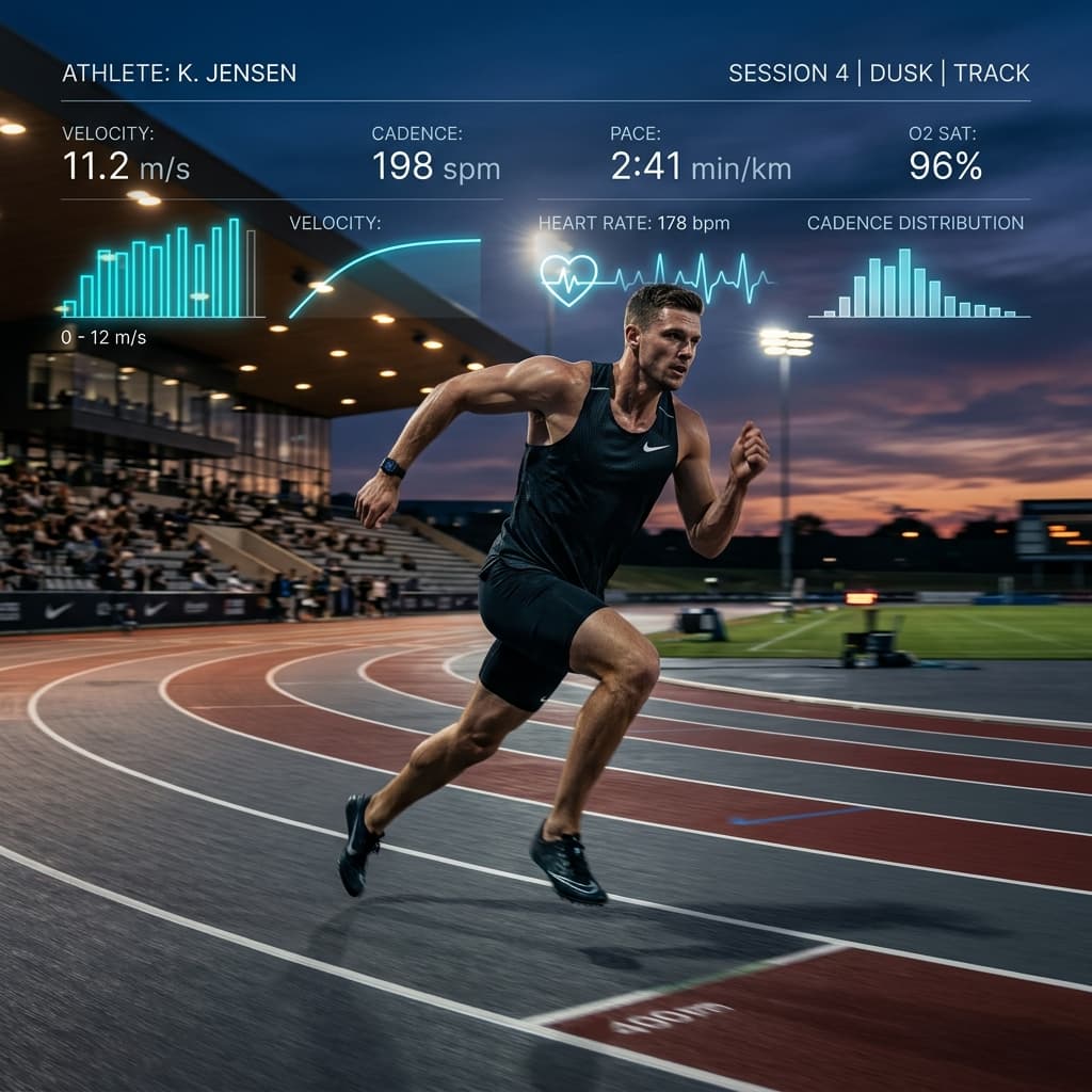 Athlète de haut niveau sur piste avec visualisation de données physiologiques en surimpression (Vitesse Critique, FC, Watts).