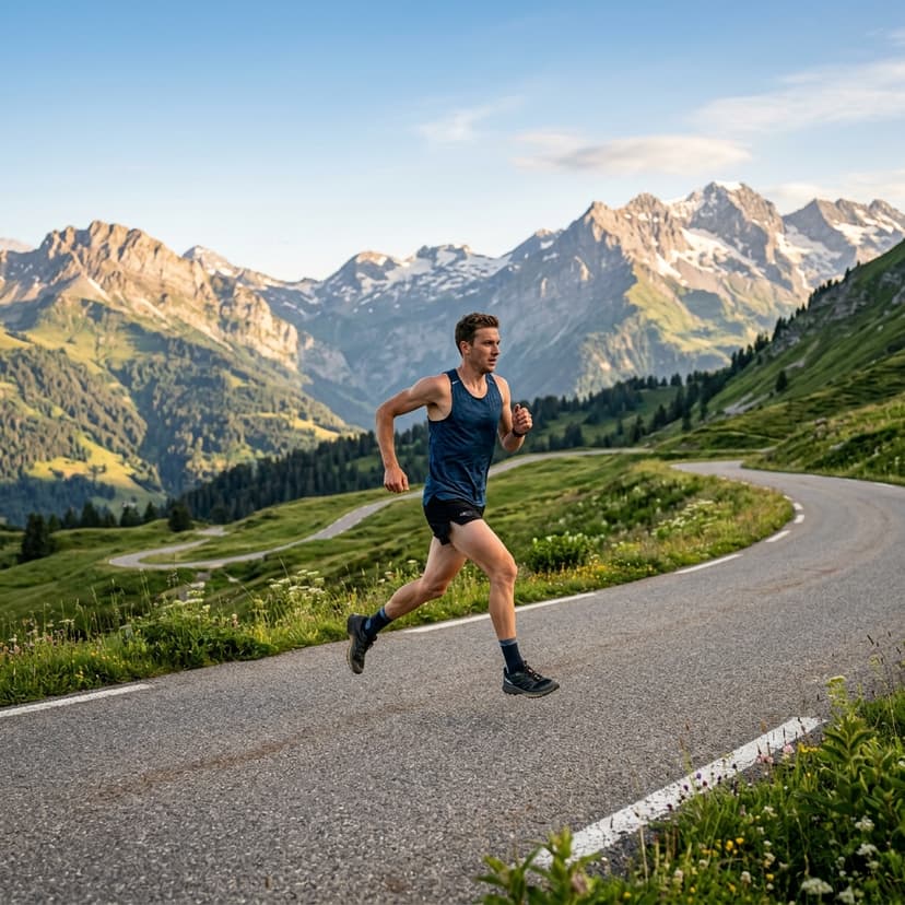 Coureur en pleine préparation marathon sur route de montagne en Haute-Savoie, coaché par Julien Planaz