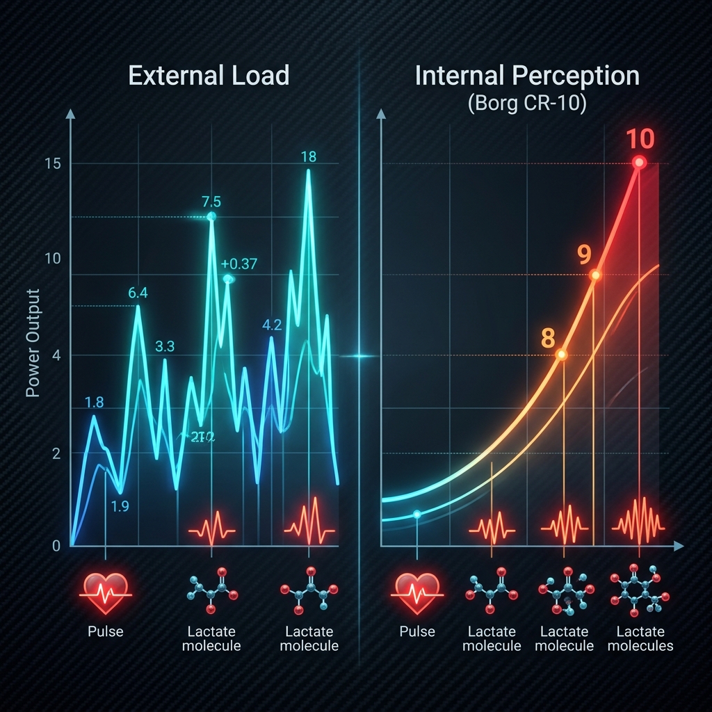 Infographie montrant la corrélation non-linéaire entre la charge externe (Watts) et la perception interne (CR-10).