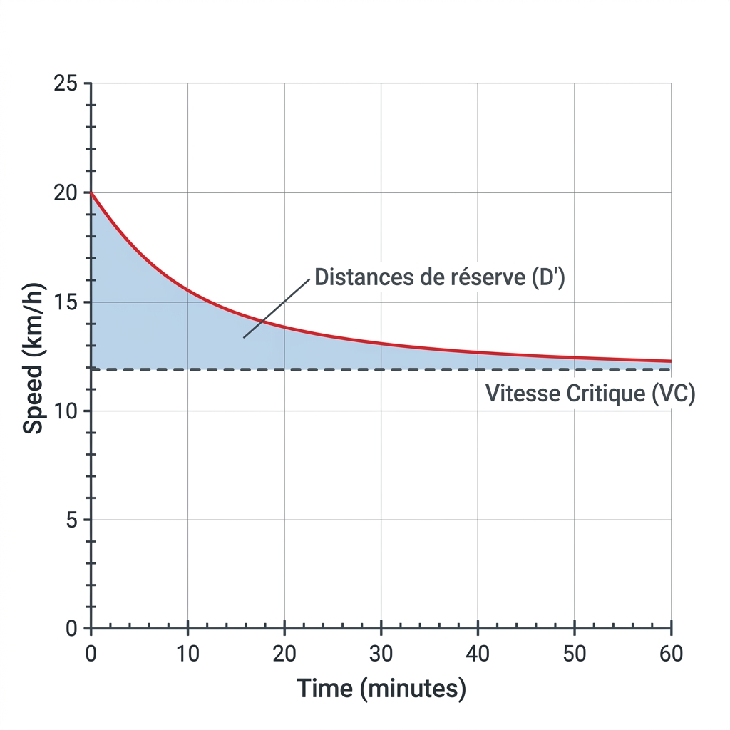 Graphique de la relation Vitesse-Temps montrant l'asymptote de la Vitesse Critique (VC) et la réserve anaérobie (D').
